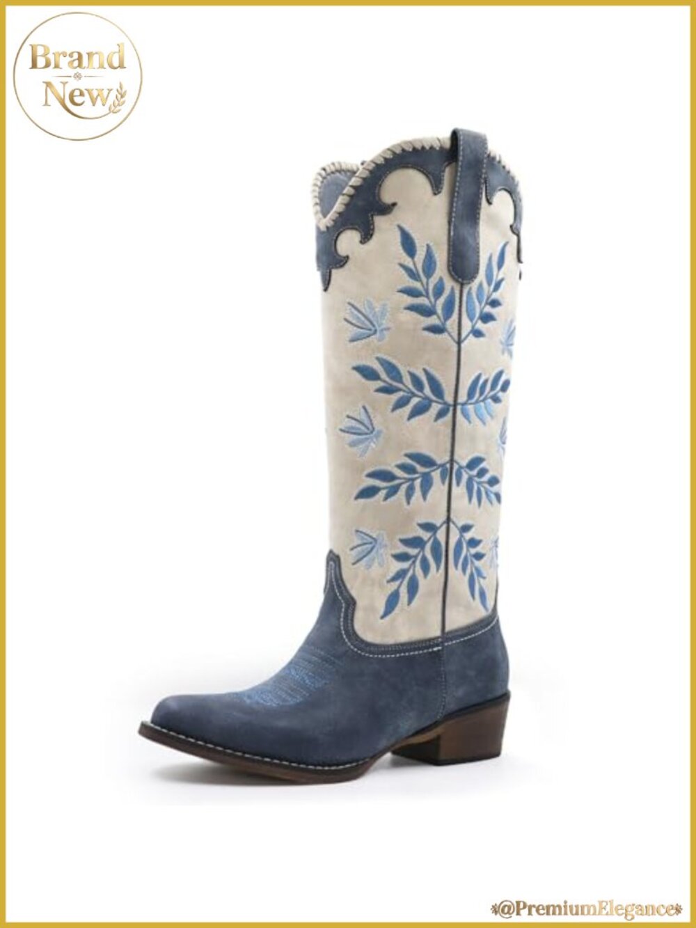 Women's Leaf Embroidered Cowboy Boots Knee High Chunky Heel Pull On Western